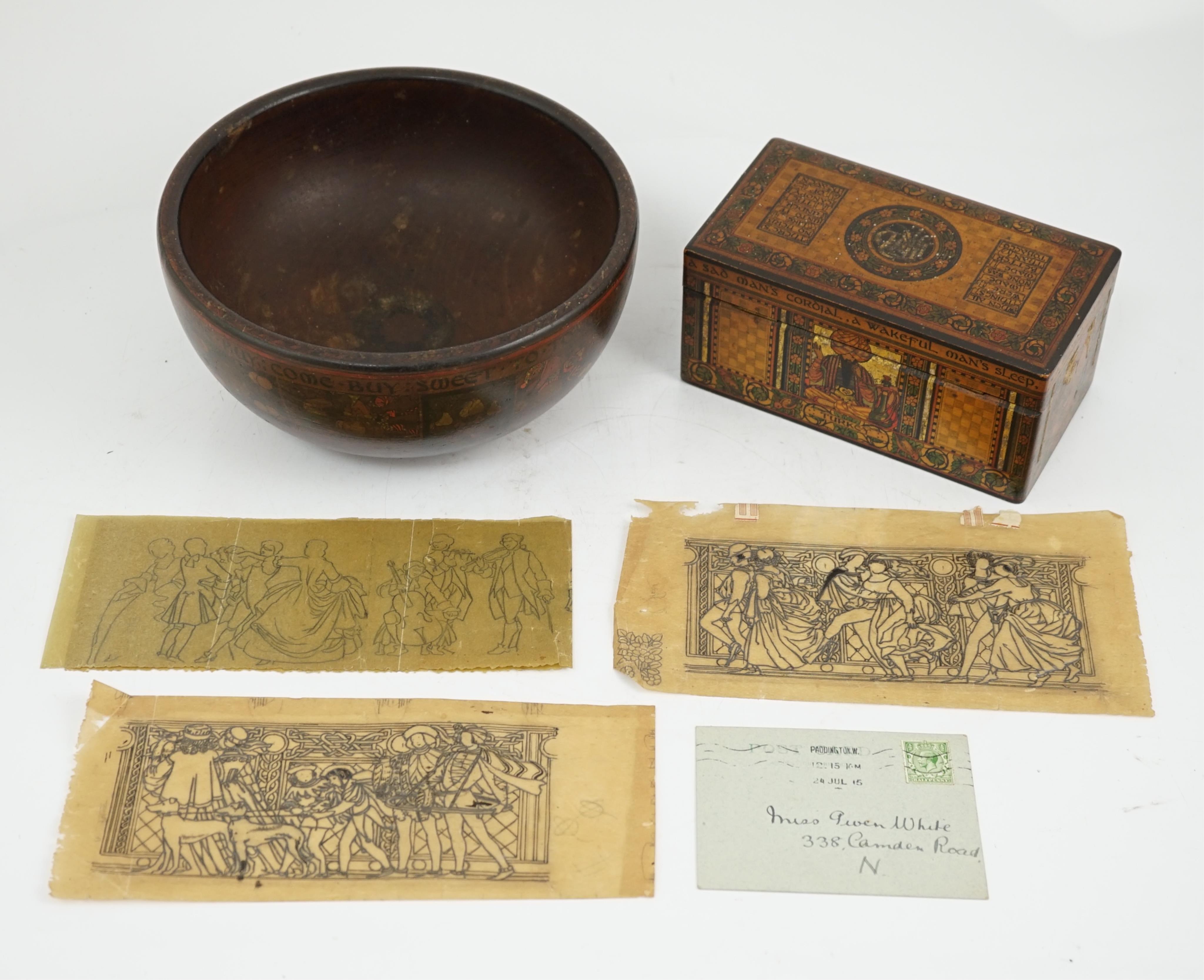 Gwendolen White (British, fl.1910-1915), Tobacco box and a fruit bowl, illuminated white wood